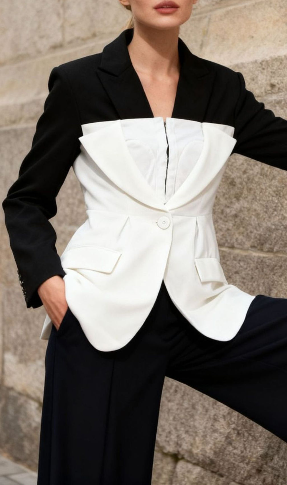 Idania Black & White Contrast Patchwork Blazer - Chic Tailored Statement Jacket