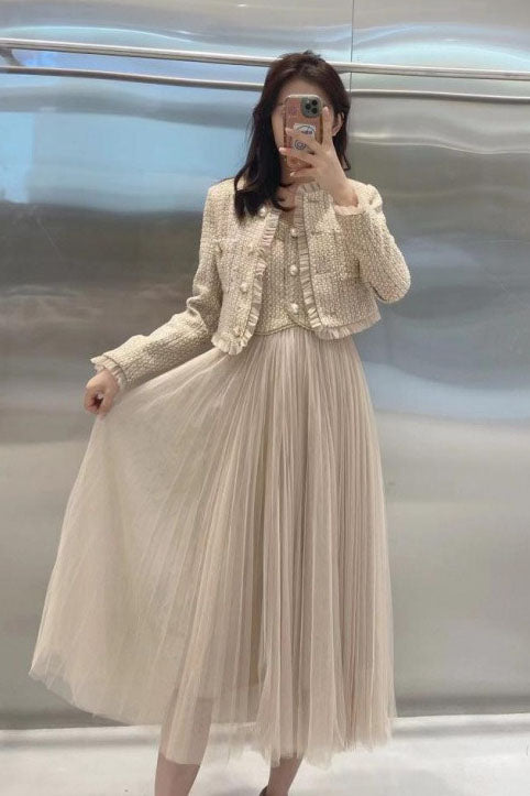 Elegant Beige Tulle Midi Dress | Sleeveless A-Line Gown for Special Occasions