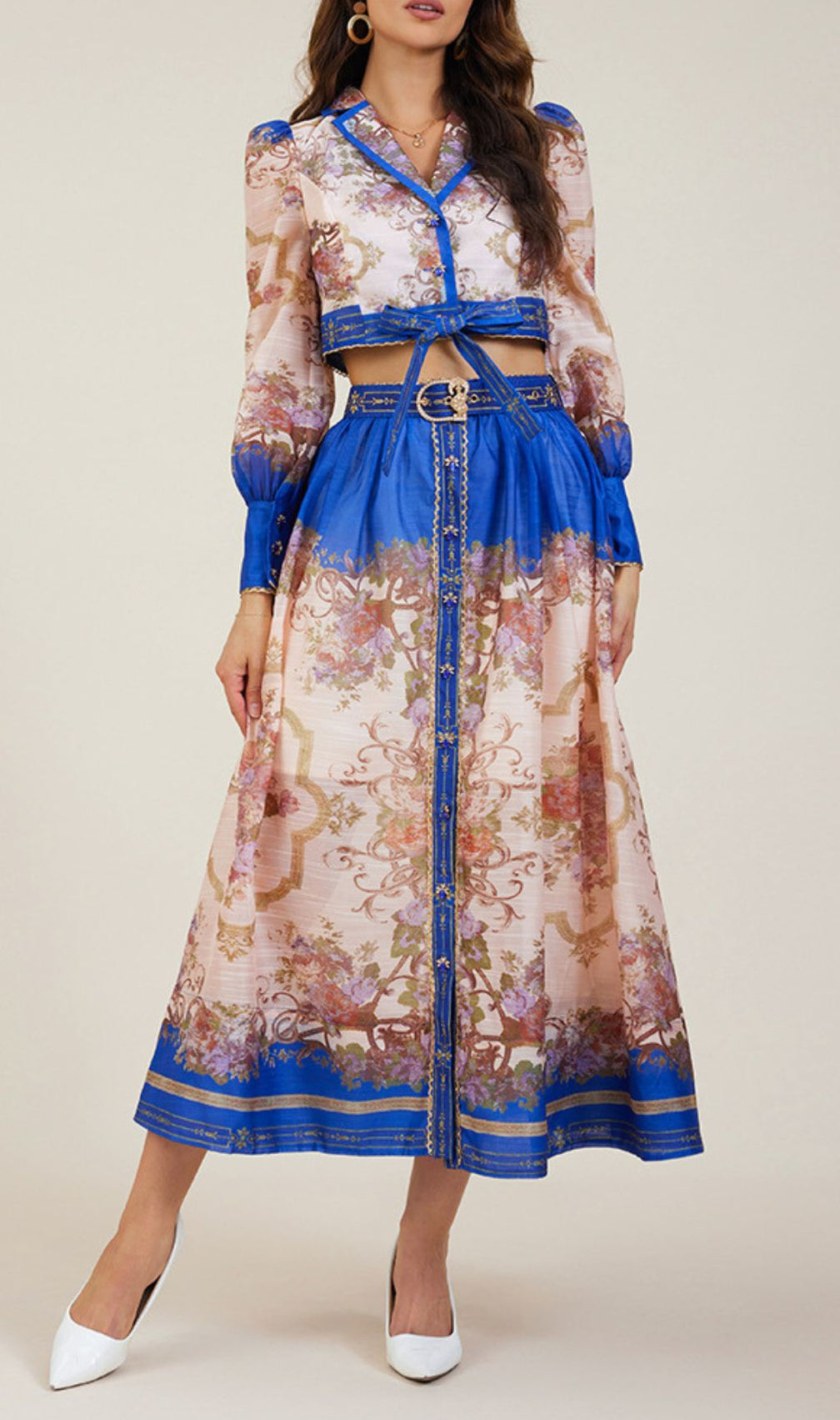Gretchen Blue Flower Printed Long Sleeve Blouse & Skirt Set
