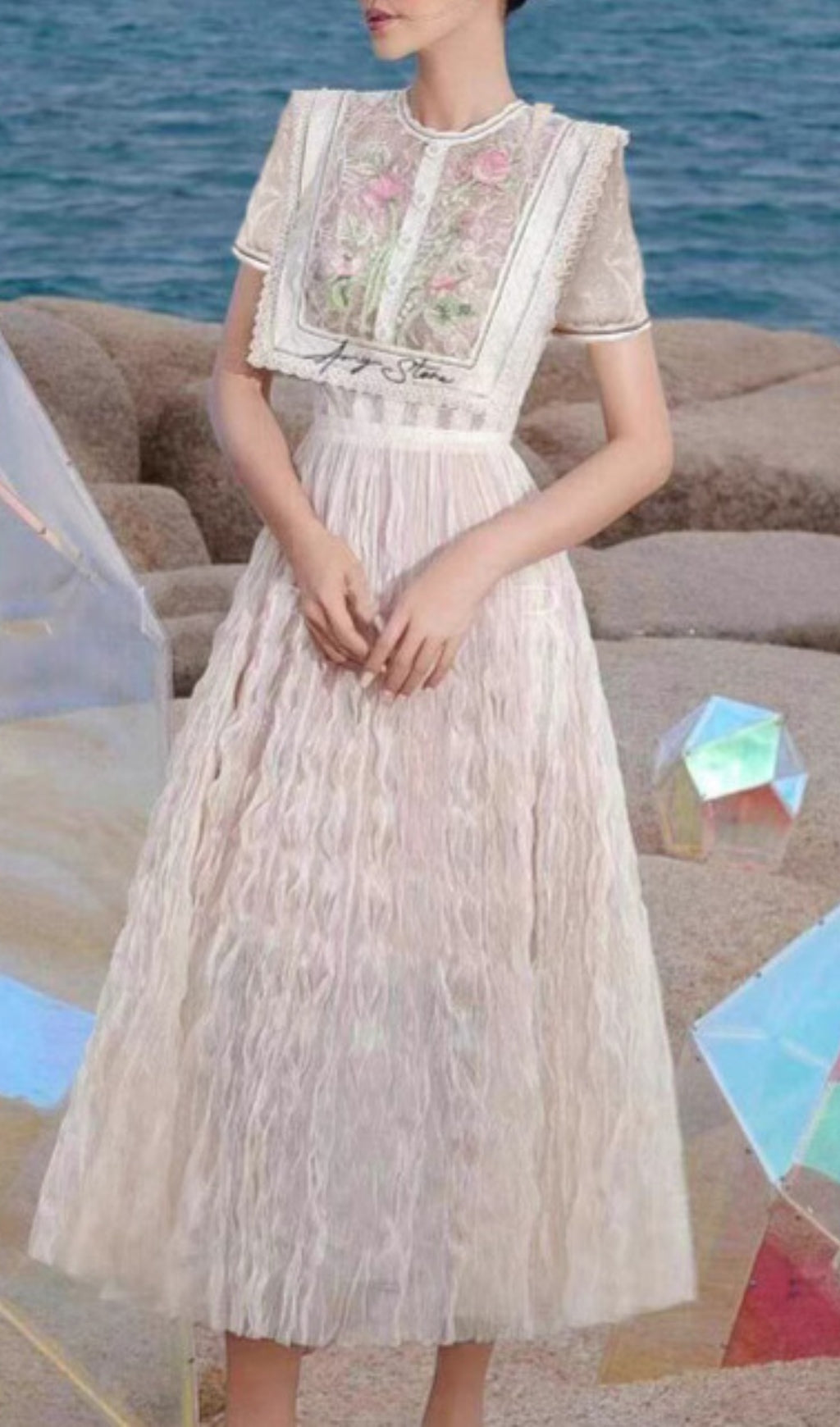 Carolie Flower Embroidery Midi Dress