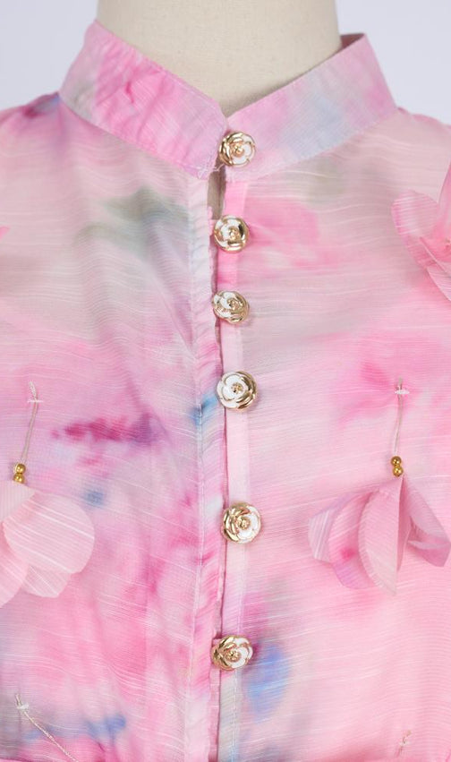 Karli Romantic Pink Floral Puff-Sleeve Maxi Dress | Elegant Chiffon Gown