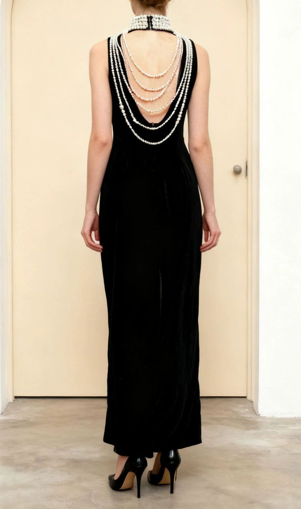 Jovana Black Velvet Pearl Collar Backless Maxi Dress - Luxe Evening Gown