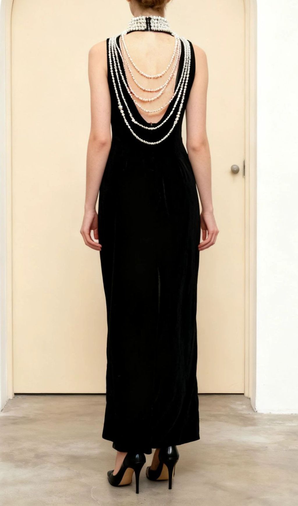 Jovana Black Velvet Pearl Collar Backless Maxi Dress - Luxe Evening Gown