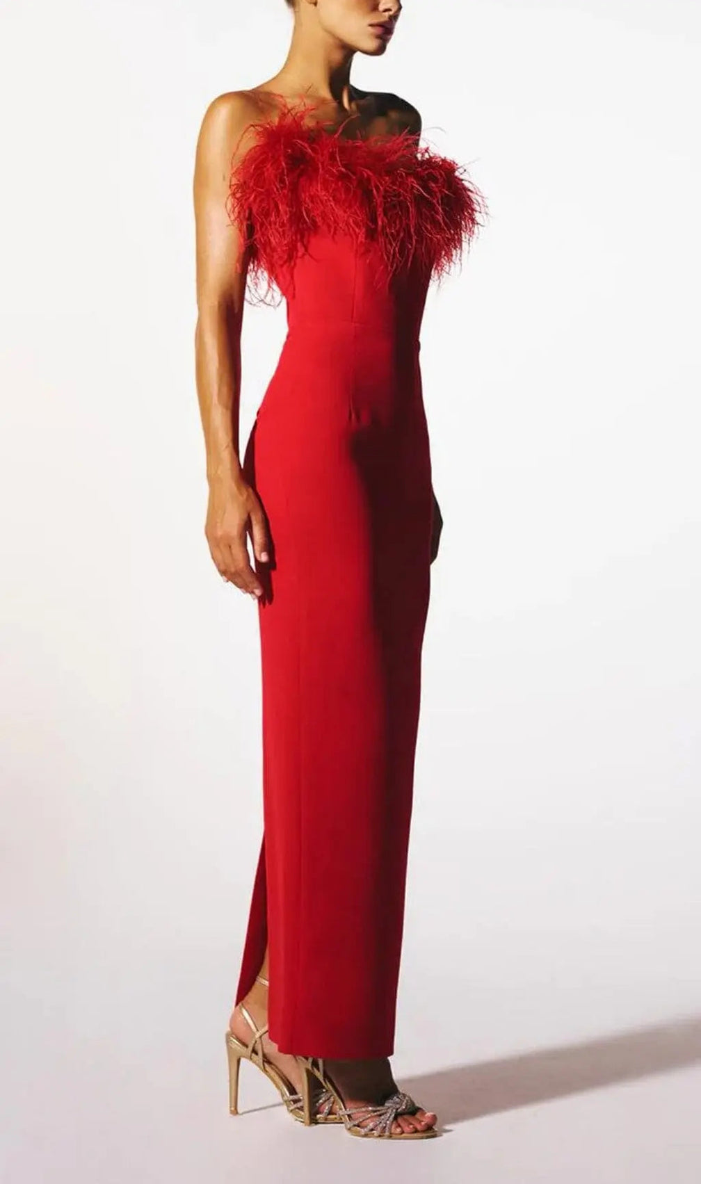 Stretch Strapless Feather Trimmed Gown In Red