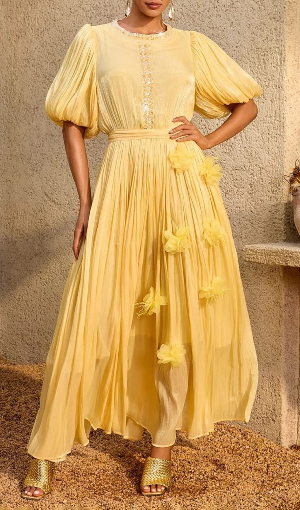 Istralion Puff Sleeve Flower Sequin Maxi Dress