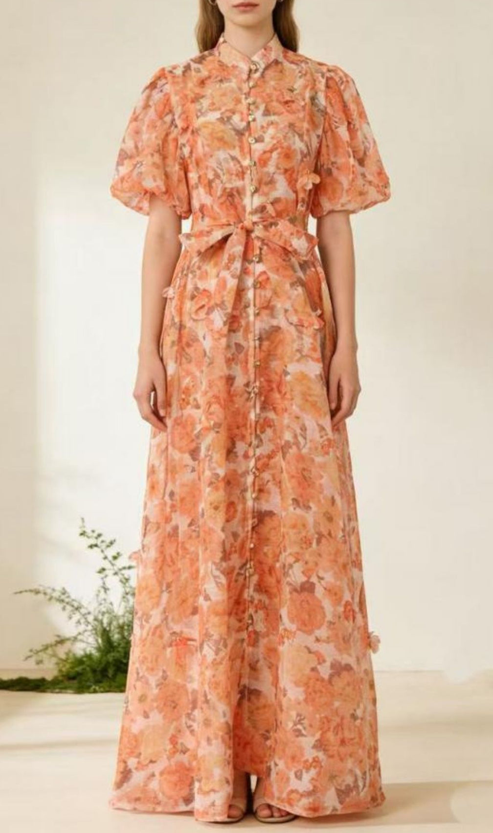 Karlishia Romantic Floral Puff-Sleeve Maxi Dress - Elegant Button-Down Gown