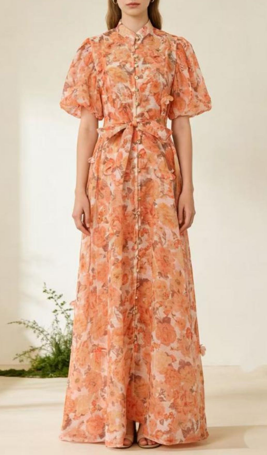 Karlishia Romantic Floral Puff-Sleeve Maxi Dress - Elegant Button-Down Gown