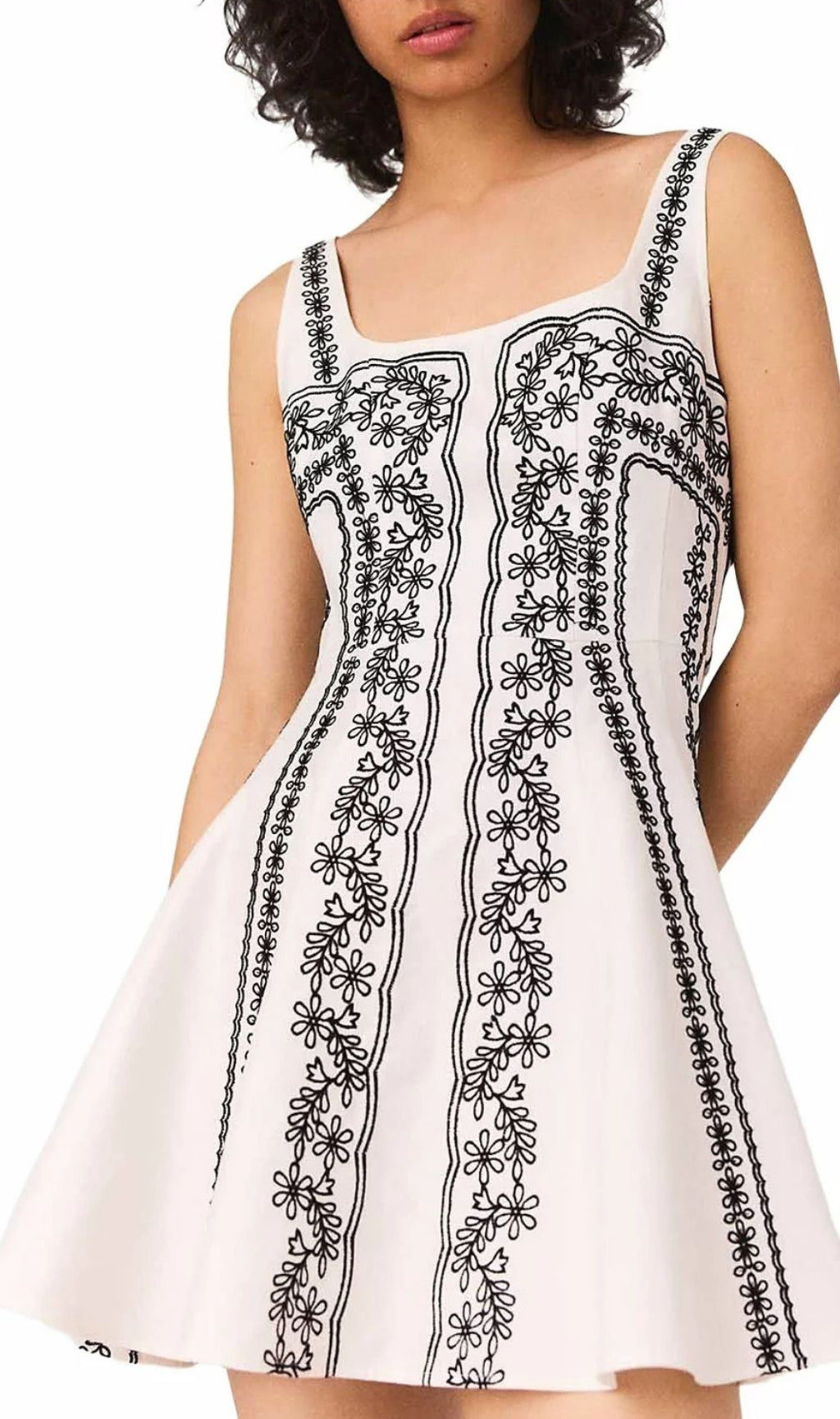Elegant Floral Embroidered Mini Dress | Chic White Square Neck Sleeveless