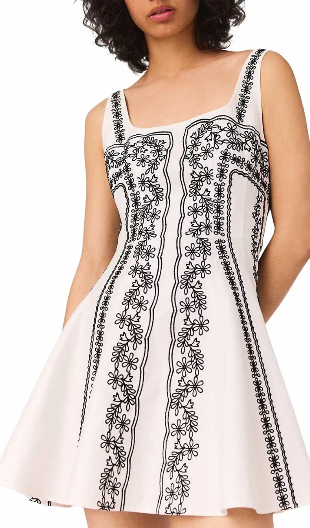 Elegant Floral Embroidered Mini Dress | Chic White Square Neck Sleeveless