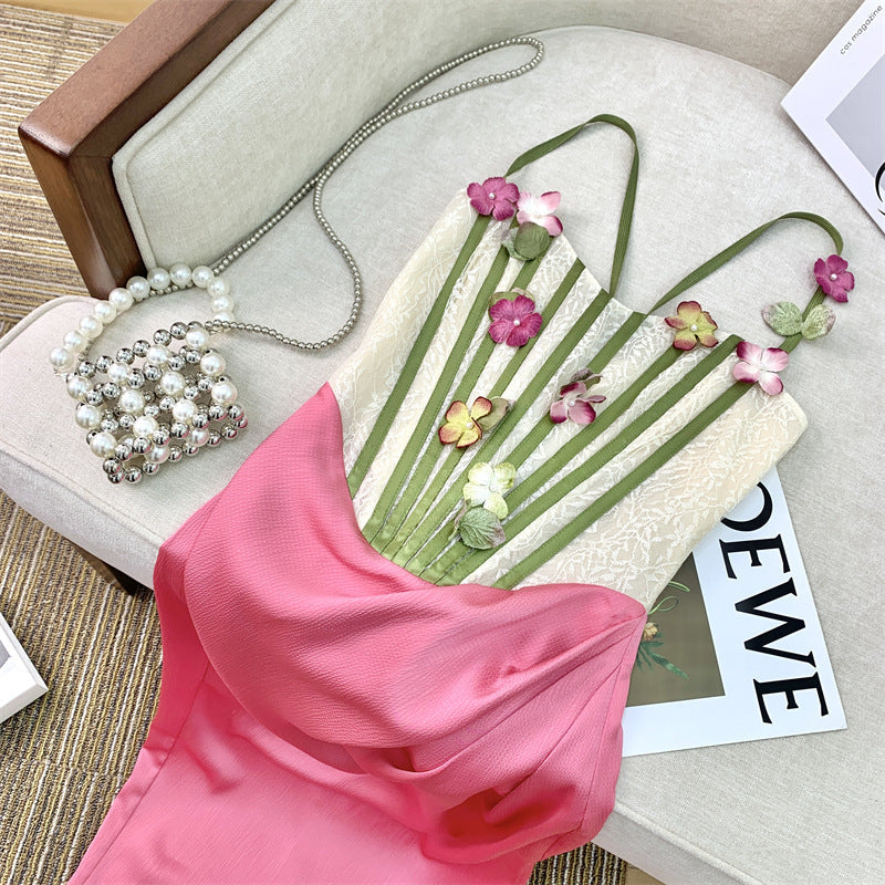 Flower Vine Corset Midi Dress In Pink