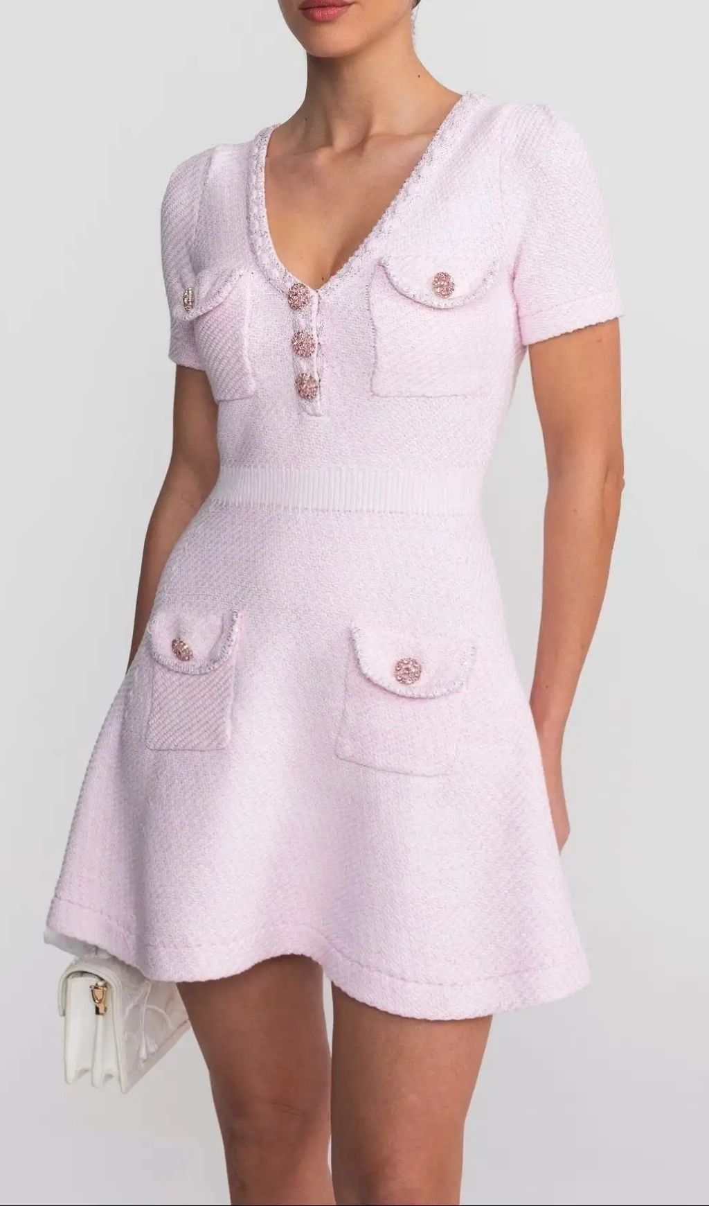 Sandra Textured Mini Dress With V-Neckline And Jewel Buttons - Pink