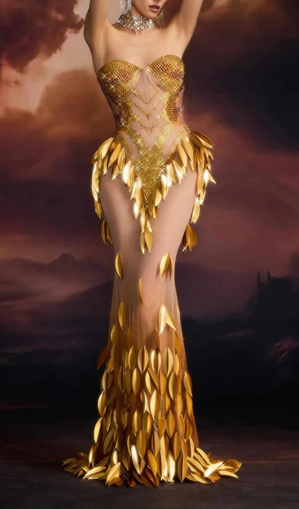 Cesia Golden Petal Strapless Illusion Gown