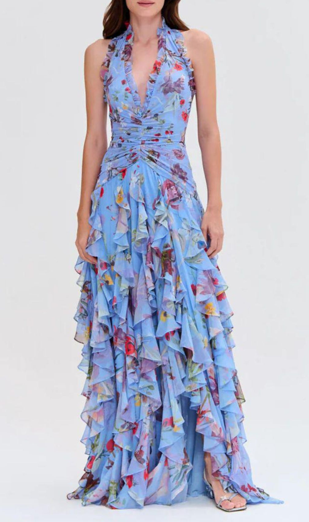 Delicah Blue Halter Floral Ruffle Maxi Dress