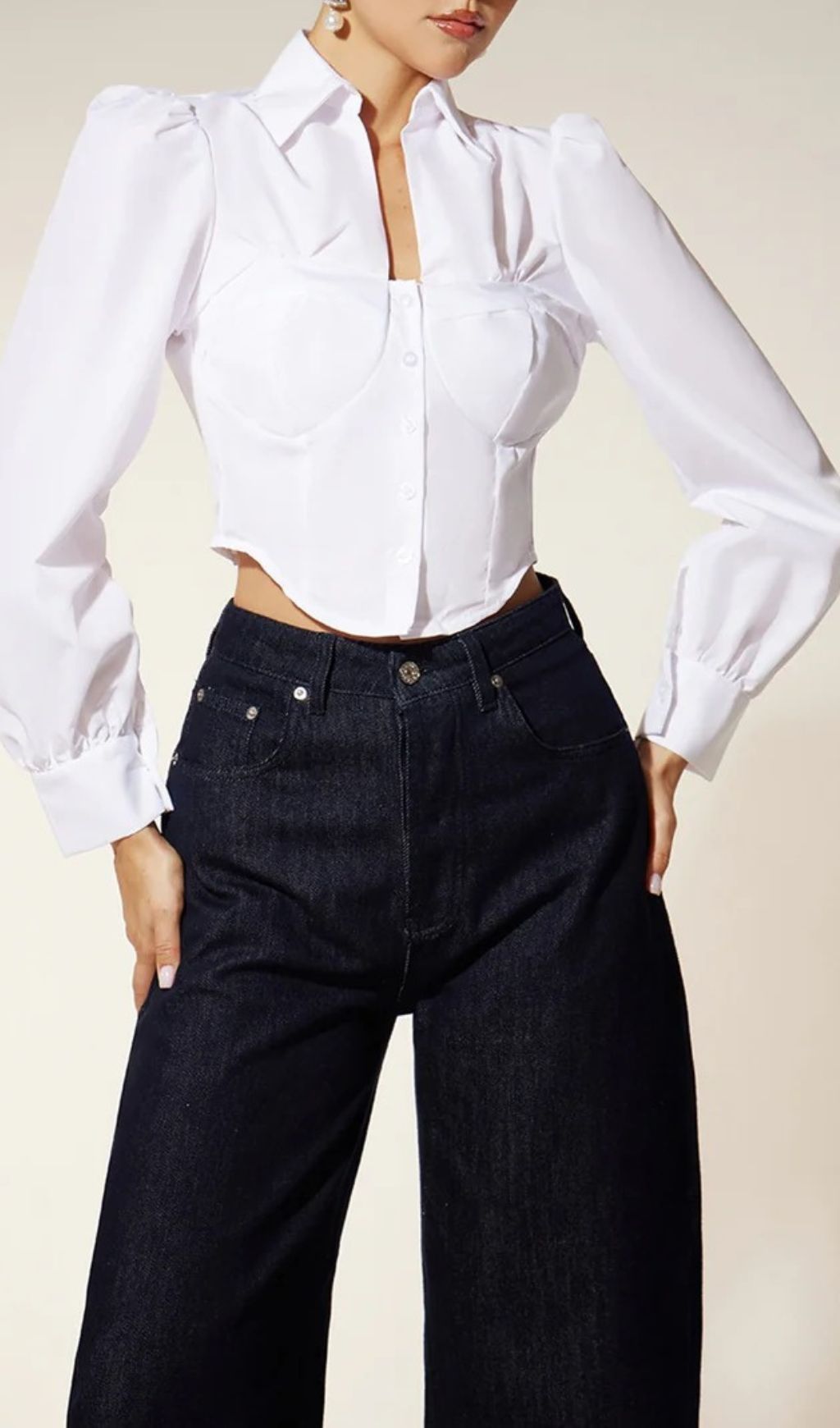 Ehren Chic Corset Bustier Long Sleeve Blouse | Puff Sleeve Cropped Top