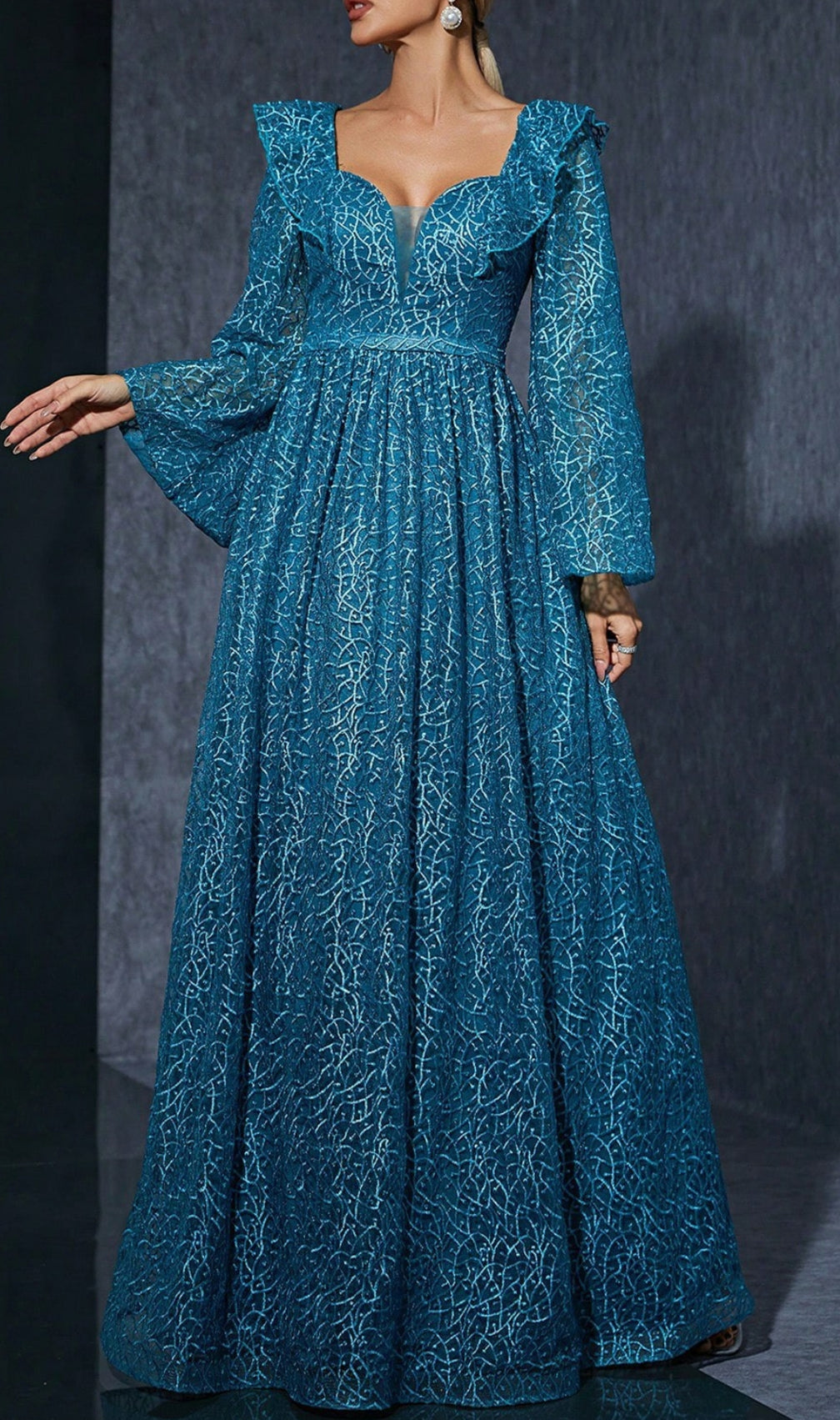 Divya Blue V-Neck Long Sleeve Maxi Dress