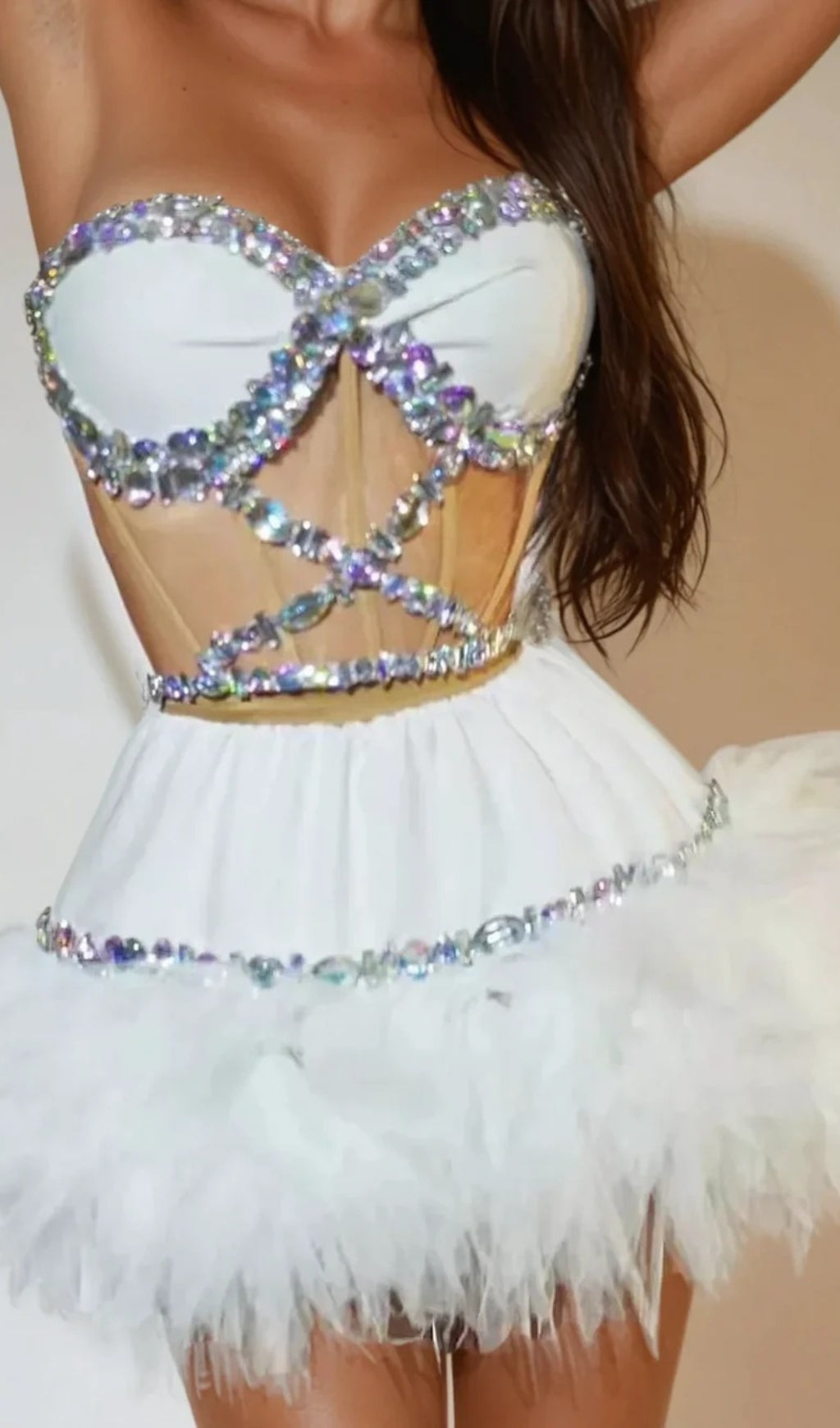 Erlina Strapless Rhinestone Tulle Skirt Set In White