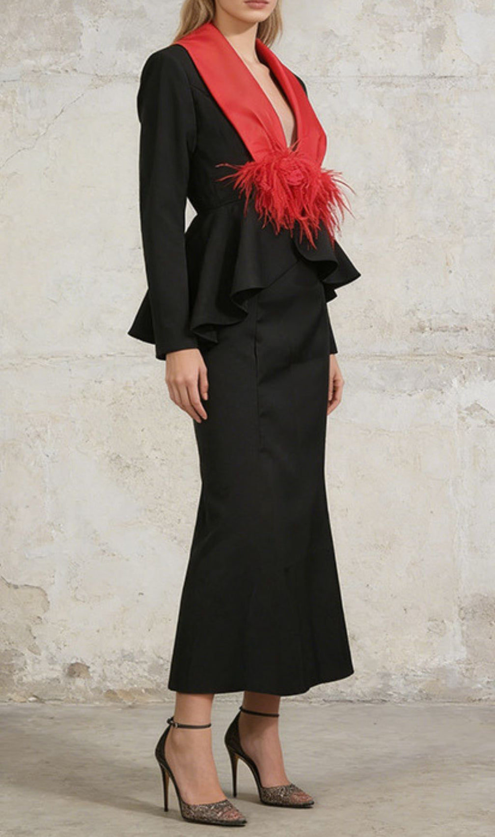 Janiya Black Peplum Blazer & Maxi Skirt Set with Dramatic Red Feather Accent