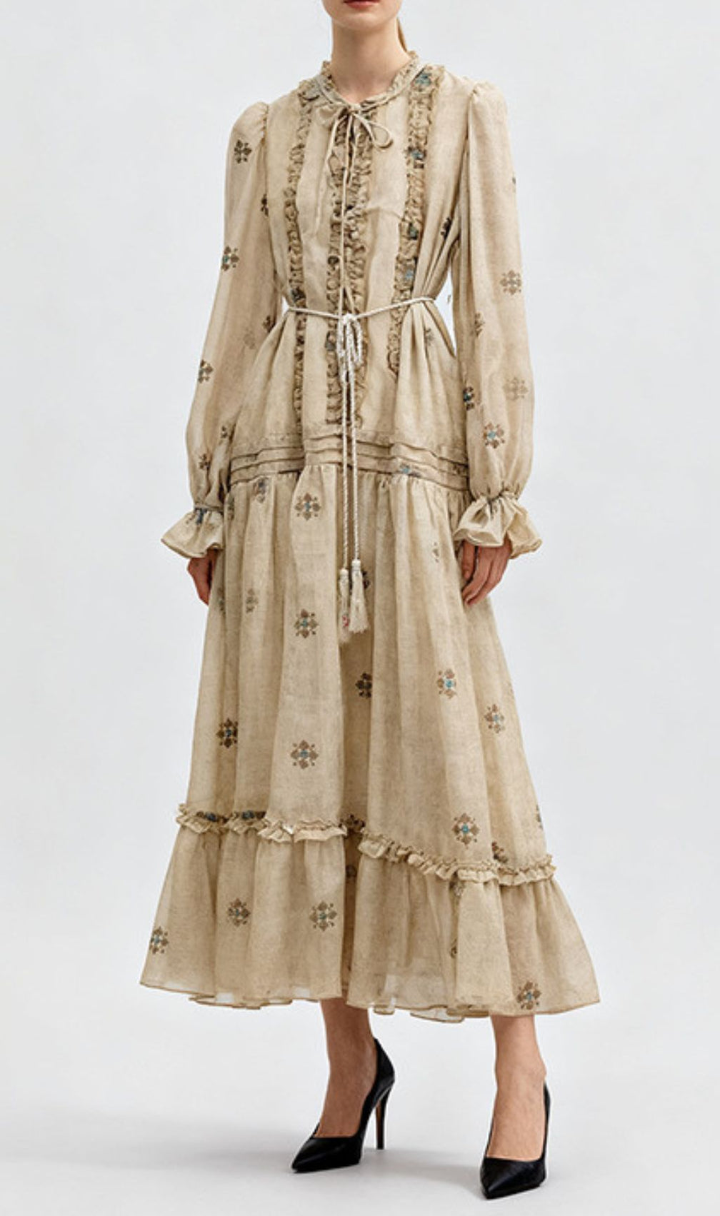 Indiya Artisan Print Midi Dress | Elegant Boho Long Sleeve Tiered Dress