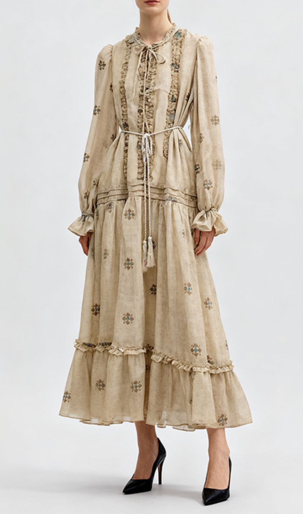 Indiya Artisan Print Midi Dress | Elegant Boho Long Sleeve Tiered Dress