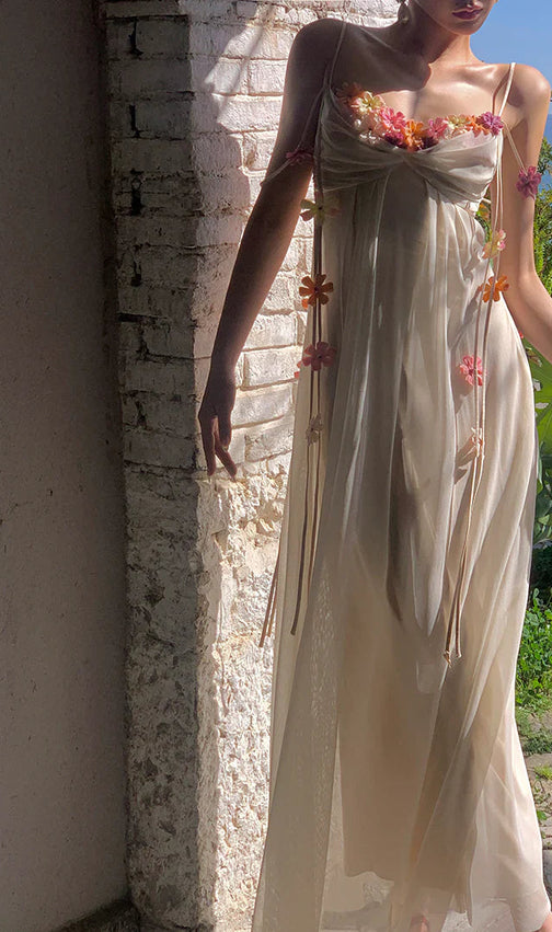 Farah Dreamy Ivory Floral Chiffon Maxi Dress - Romantic Open Back Gown
