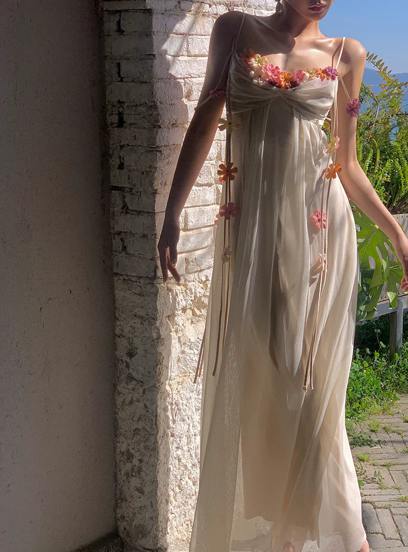 Farah Dreamy Ivory Floral Chiffon Maxi Dress - Romantic Open Back Gown