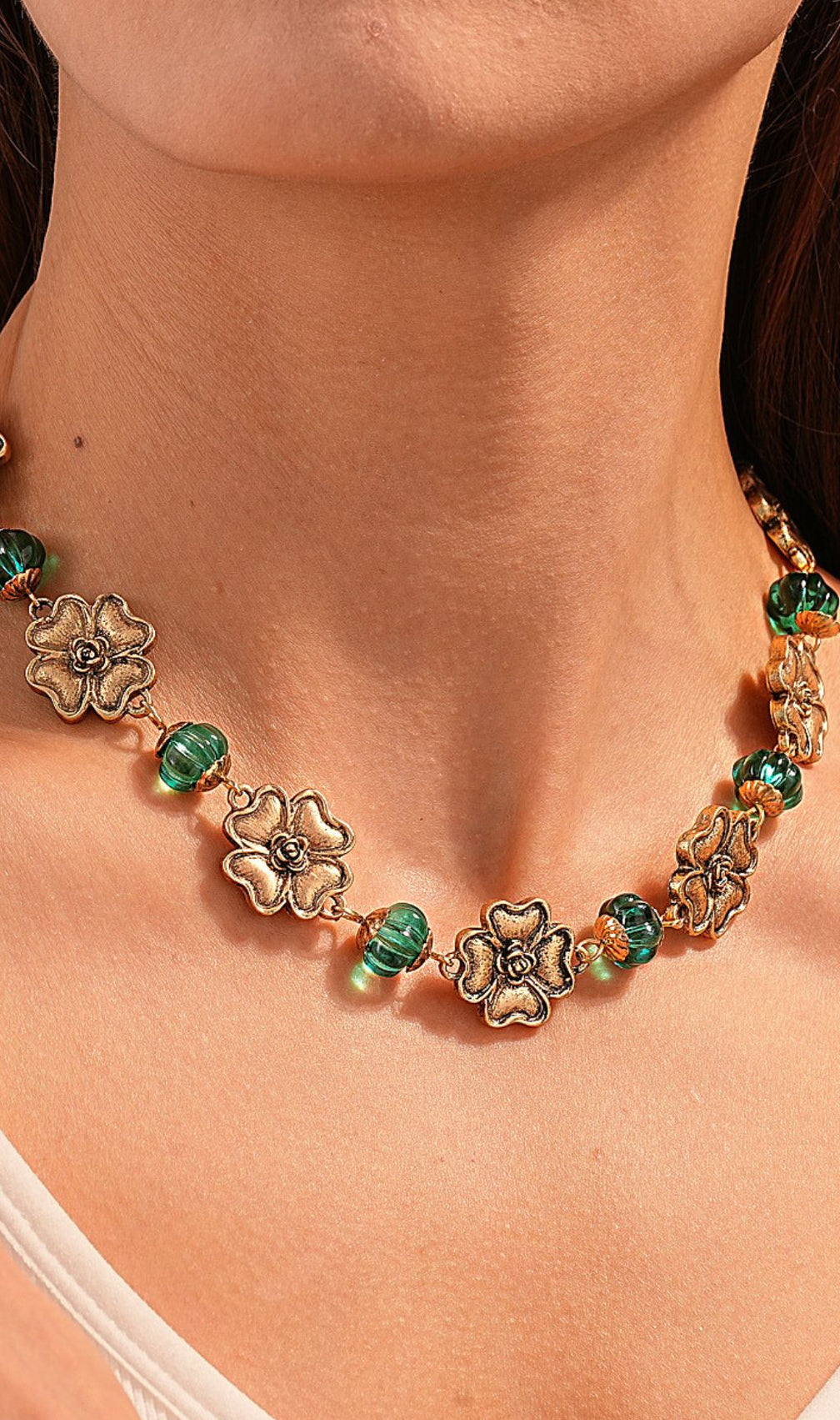 Jacoby Vintage Floral & Teal Beaded Choker Necklace for Women