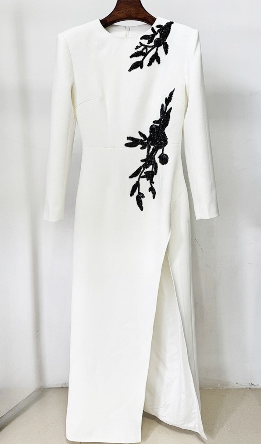 Graeme White Beaded Flower Long Sleeve Maxi Dress