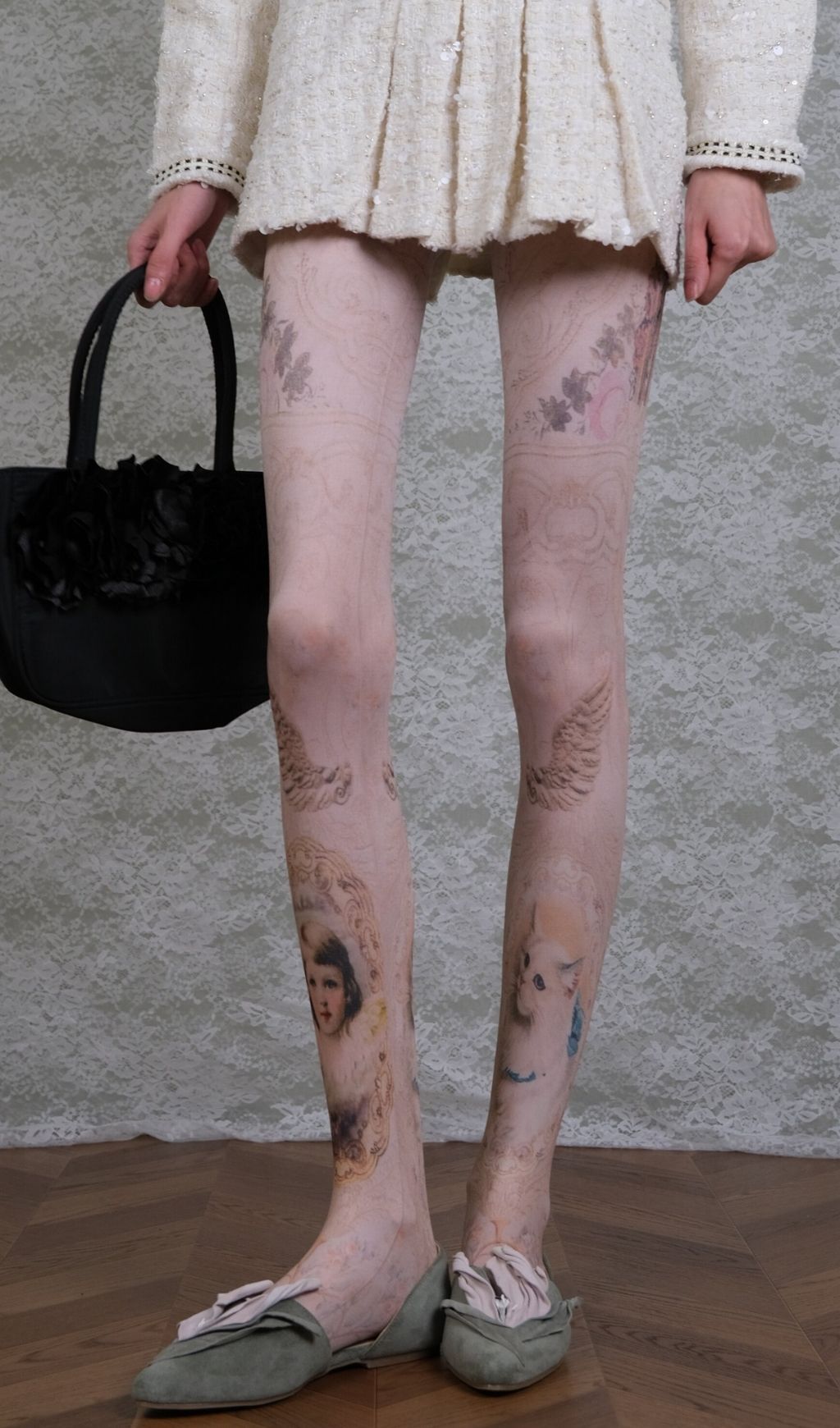 Whimsical Renaissance Portrait Tights | Angel & Cat Art Print Hosiery