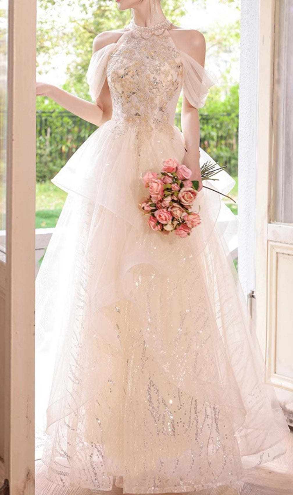 Chione Champagne Halter Sequin Mesh Maxi Dress