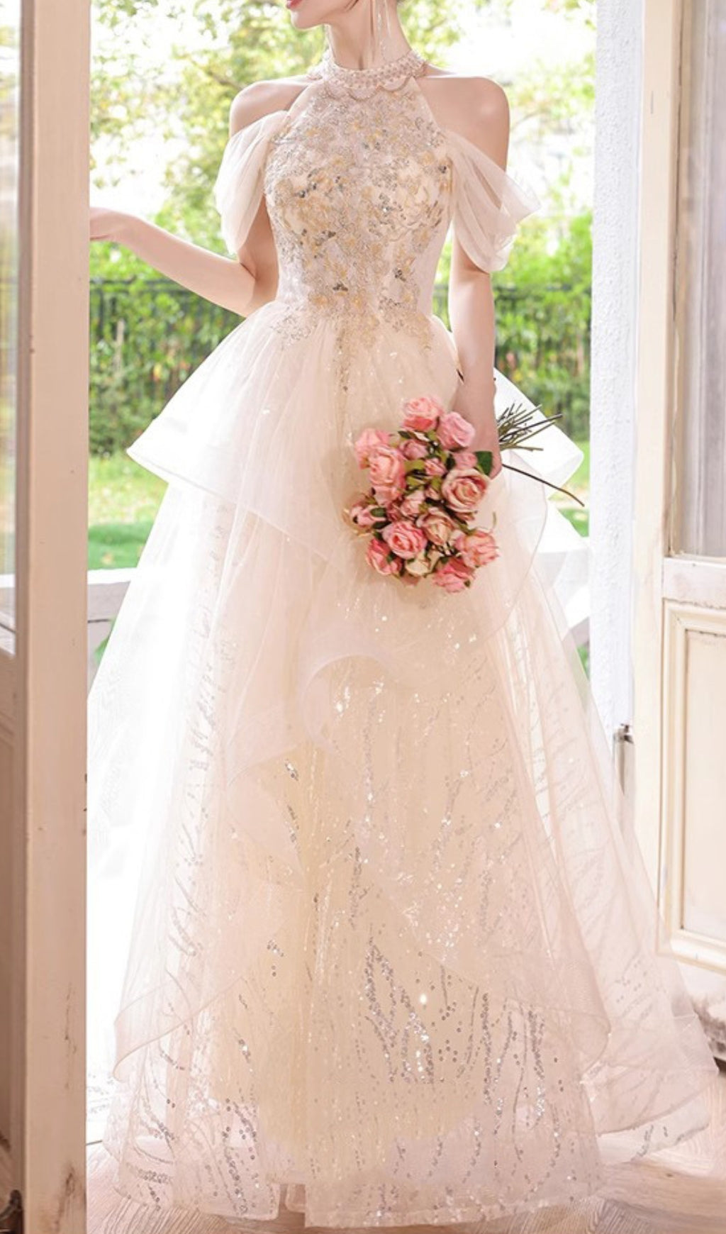 Chione Champagne Halter Sequin Mesh Maxi Dress