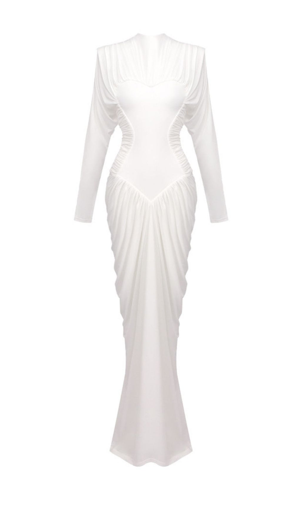 Katrien Sculptural White Ruched Heart Bodice Maxi Dress - Elegant Long Sleeve Gown