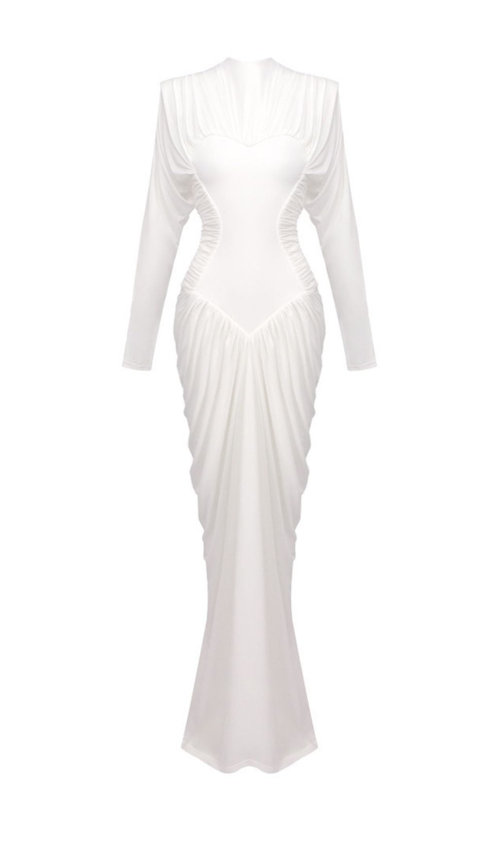 Katrien Sculptural White Ruched Heart Bodice Maxi Dress - Elegant Long Sleeve Gown