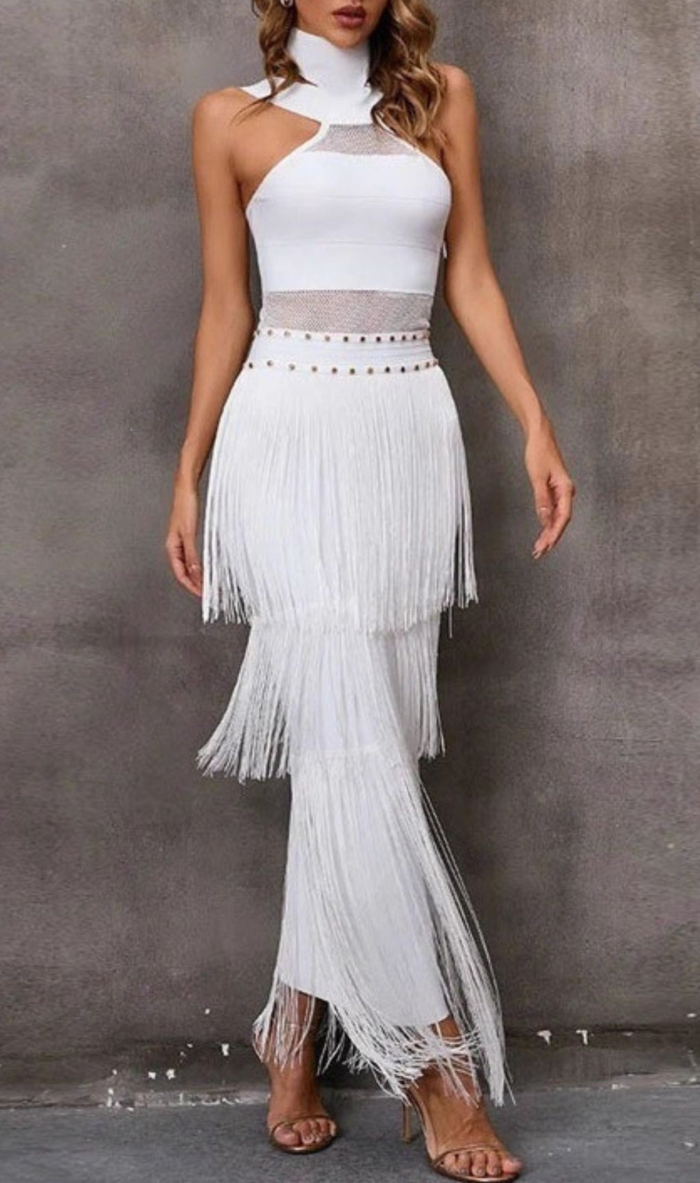 Glamorous White Halterneck Bandage Fringe Midi Dress - Mesh Detail Party Bodycon