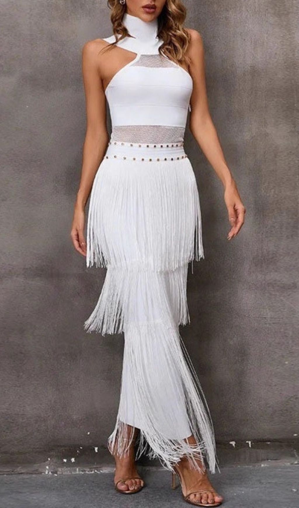 Glamorous White Halterneck Bandage Fringe Midi Dress - Mesh Detail Party Bodycon