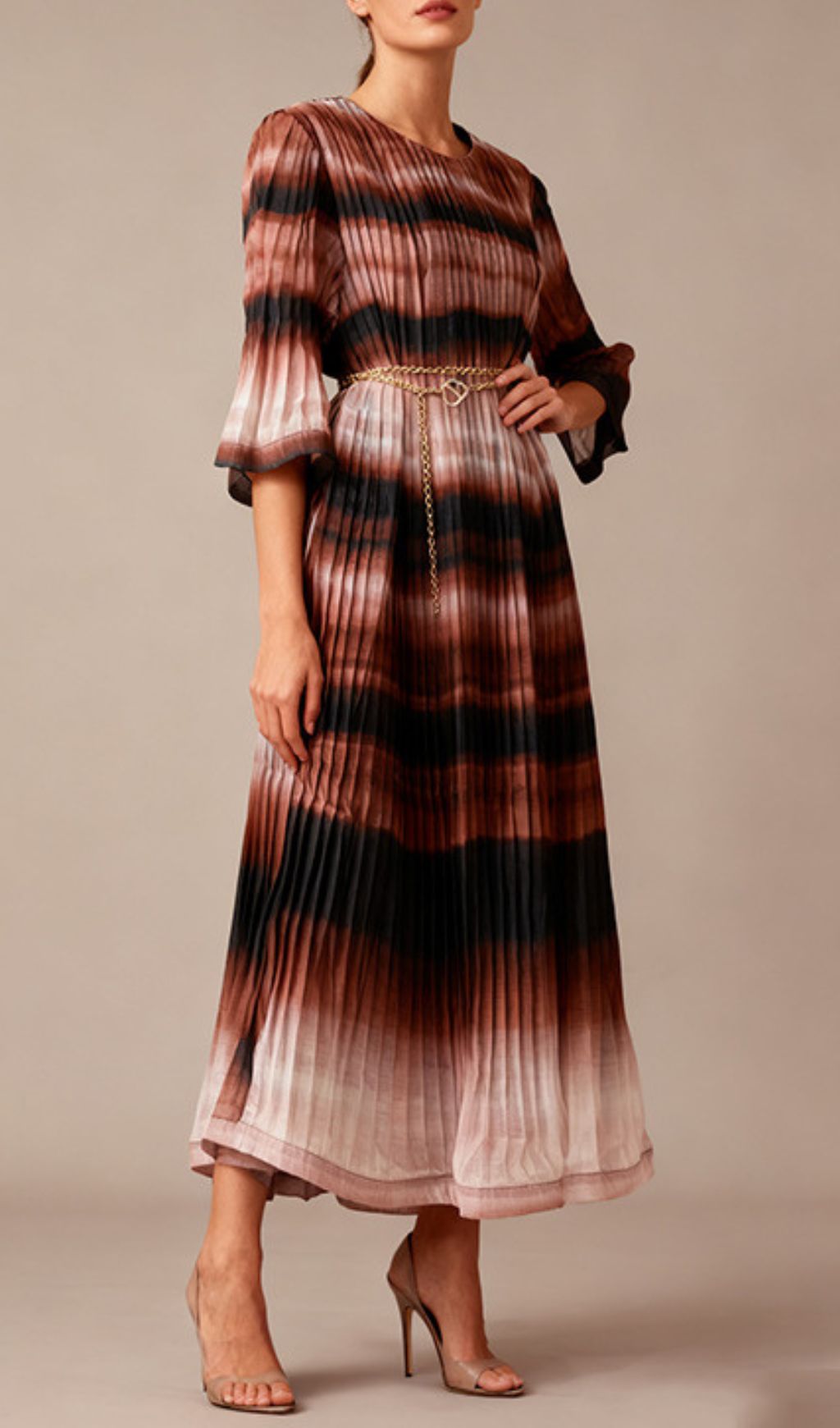 Itsuko Pleated Ombre Flare Sleeve Midi Dress