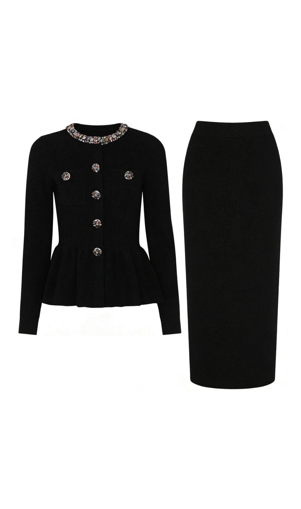 Karna Embellished Knit Peplum Cardigan & Midi Skirt Set - Chic 2-Piece Outfit