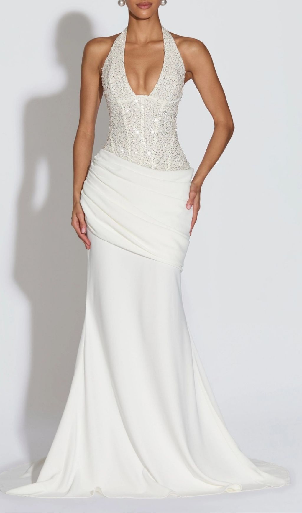 Anisij Shimmering White Sequin Halterneck Maxi Gown