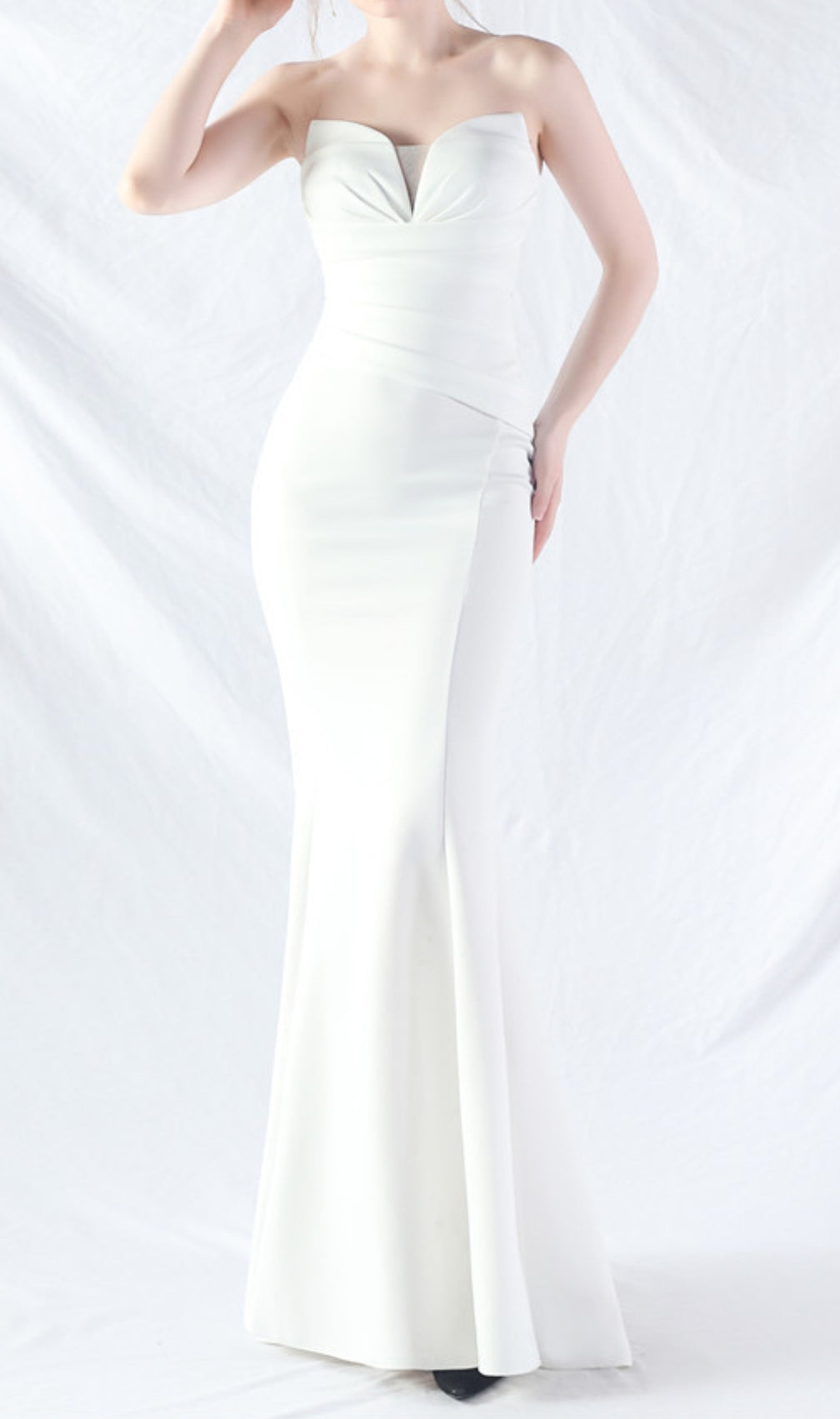 Chrina White Strapless Ruched Maxi Dress
