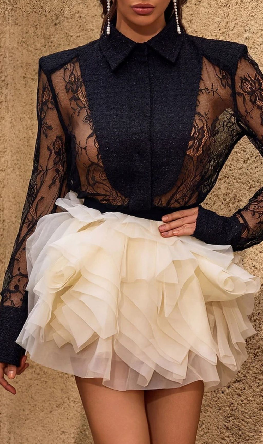 Chasya Black Lace Long Sleeve Shirt - Sheer Elegance & Sultry Style