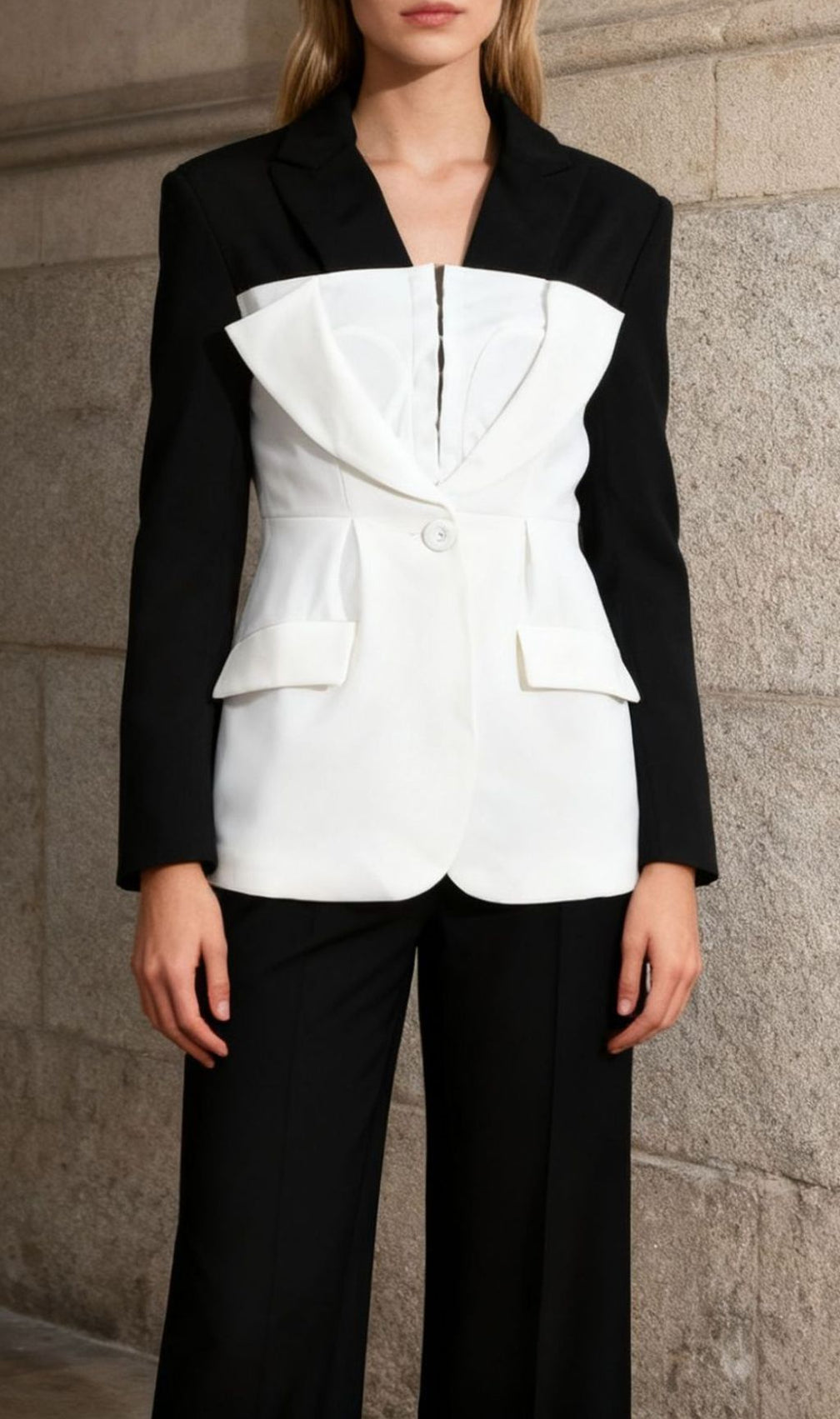 Idania Black & White Contrast Patchwork Blazer - Chic Tailored Statement Jacket