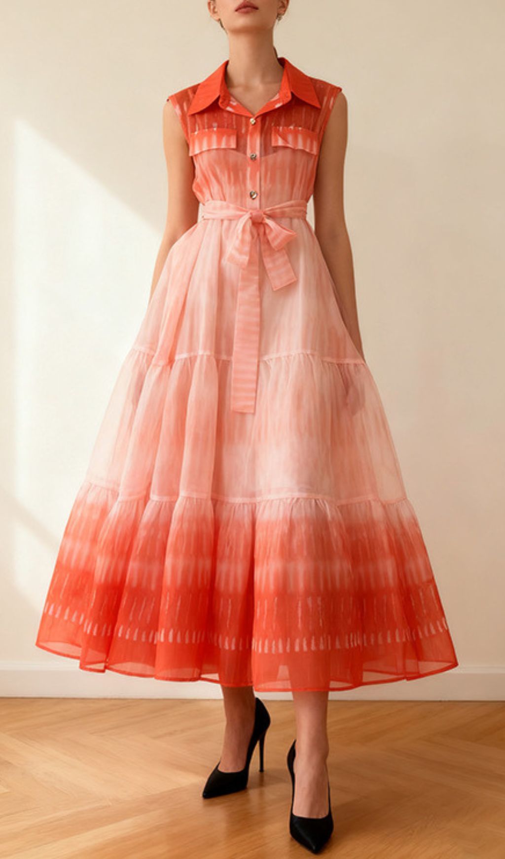 Isi Ombre Tie-Dye Sleeveless Midi Dress - Flowy Tiered Shirtdress