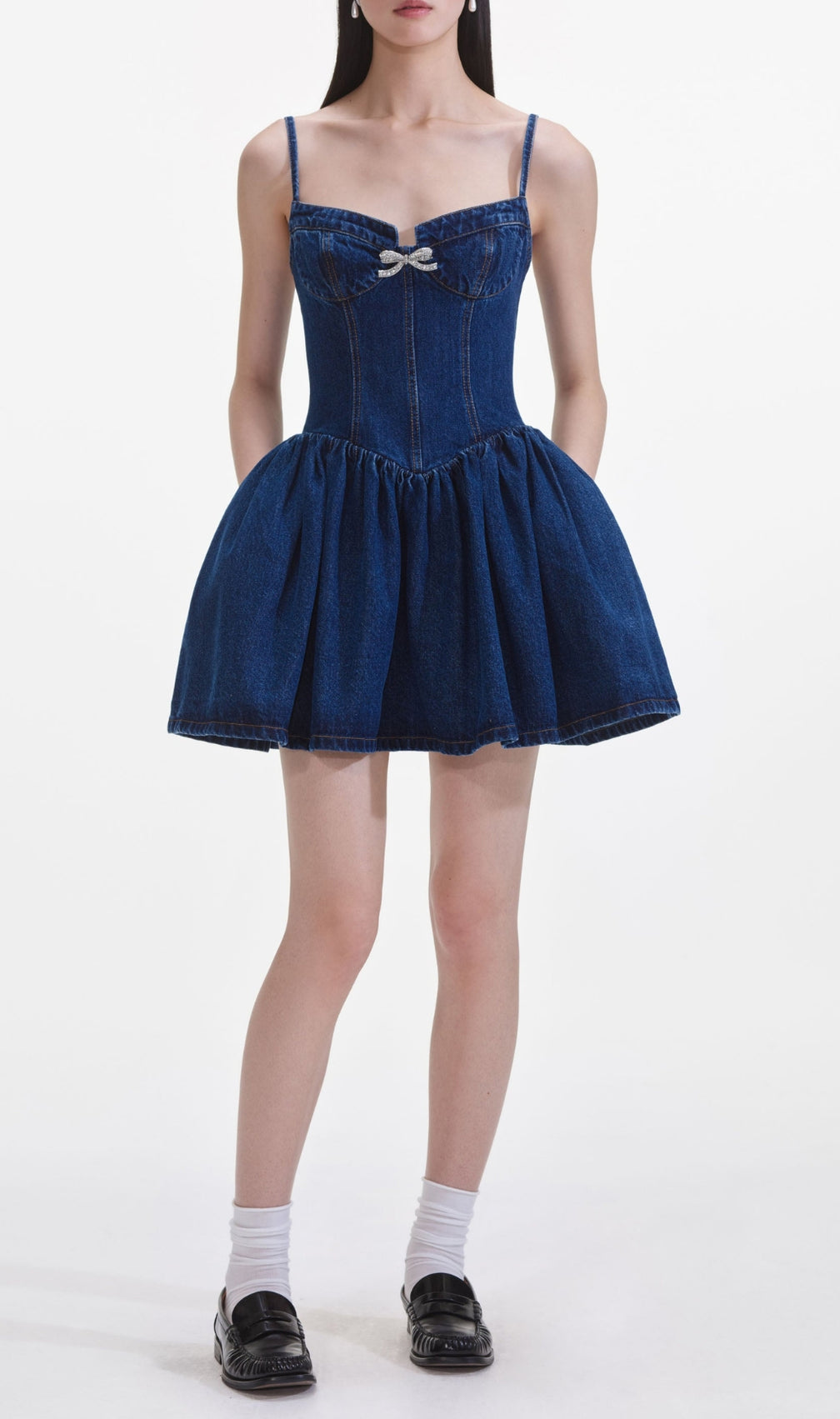 Denim Diamante Bow Sweetheart Mini Dress