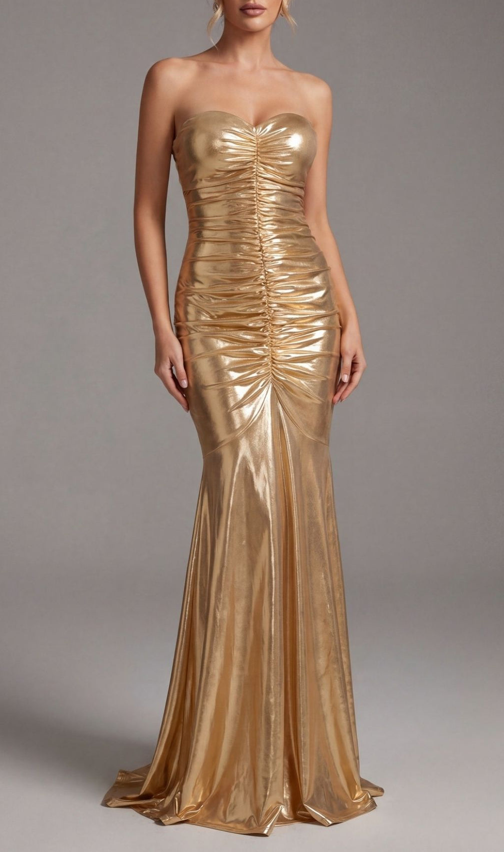 Khadijah Gold Strapless Ruched Maxi Dress - Your Red Carpet Moment Awaits