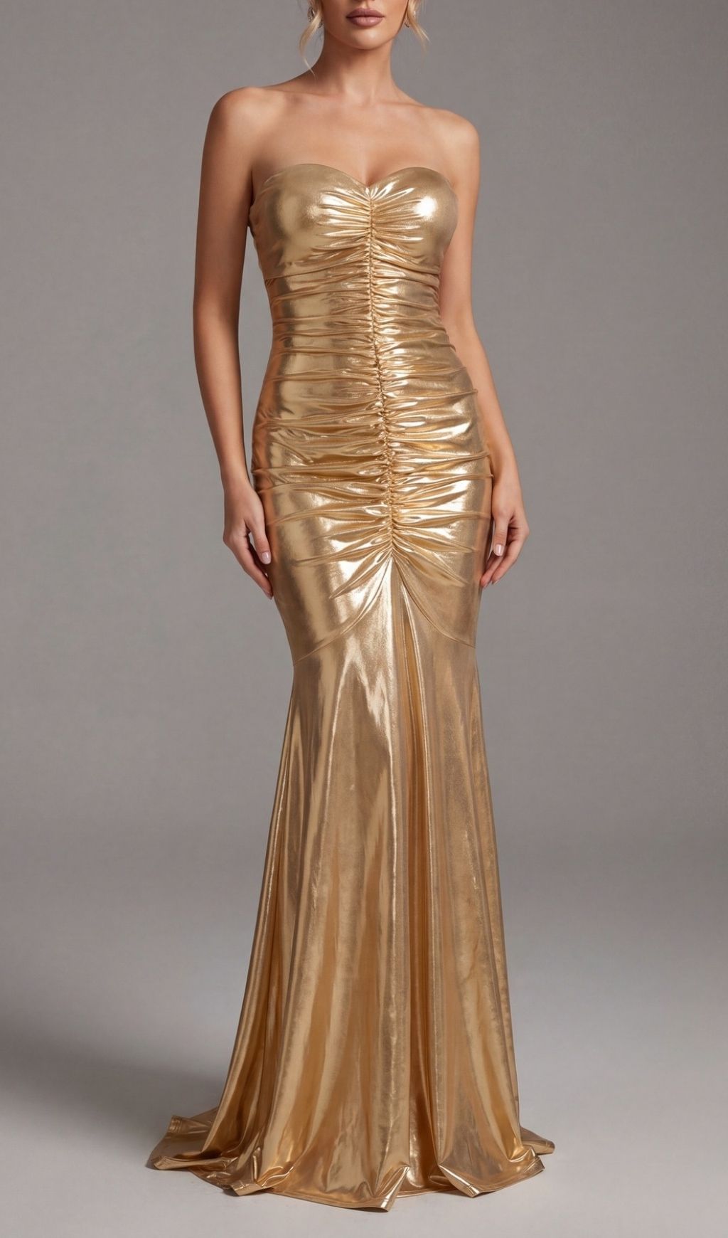 Khadijah Gold Strapless Ruched Maxi Dress - Your Red Carpet Moment Awaits