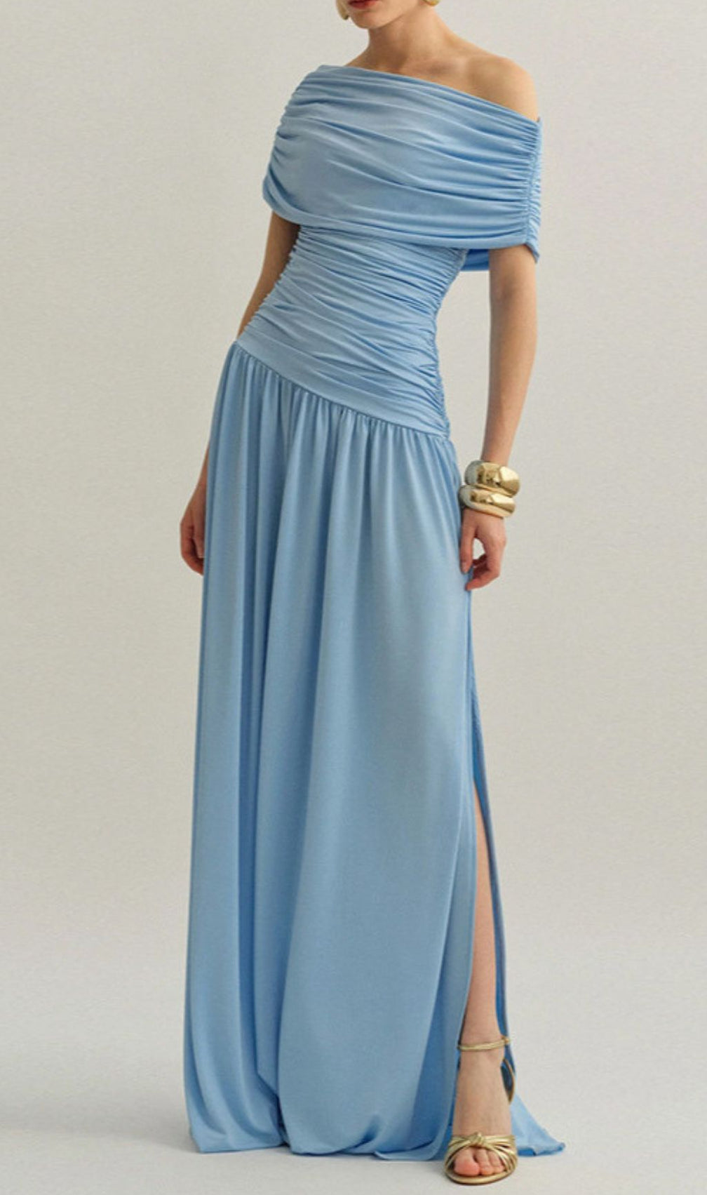 Josefa Sky Blue Ruched Off-Shoulder Maxi Dress with High Slit