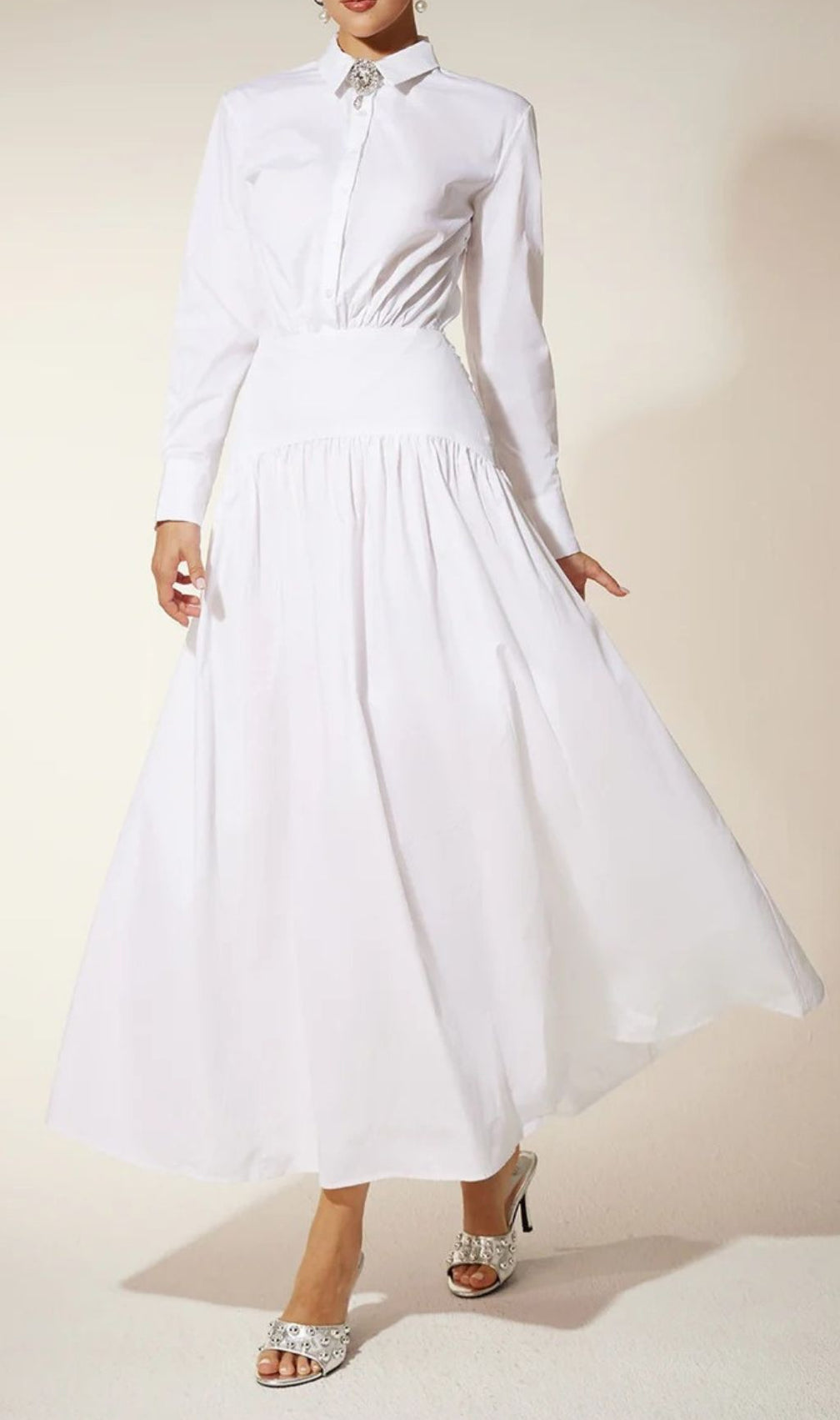 Eilert Chic White Ruched Shirt Dress - Versatile Midi for Modern Women