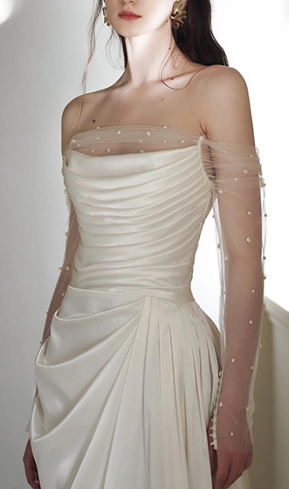 Delta White Mesh Sleeve Ruched Wedding Dress