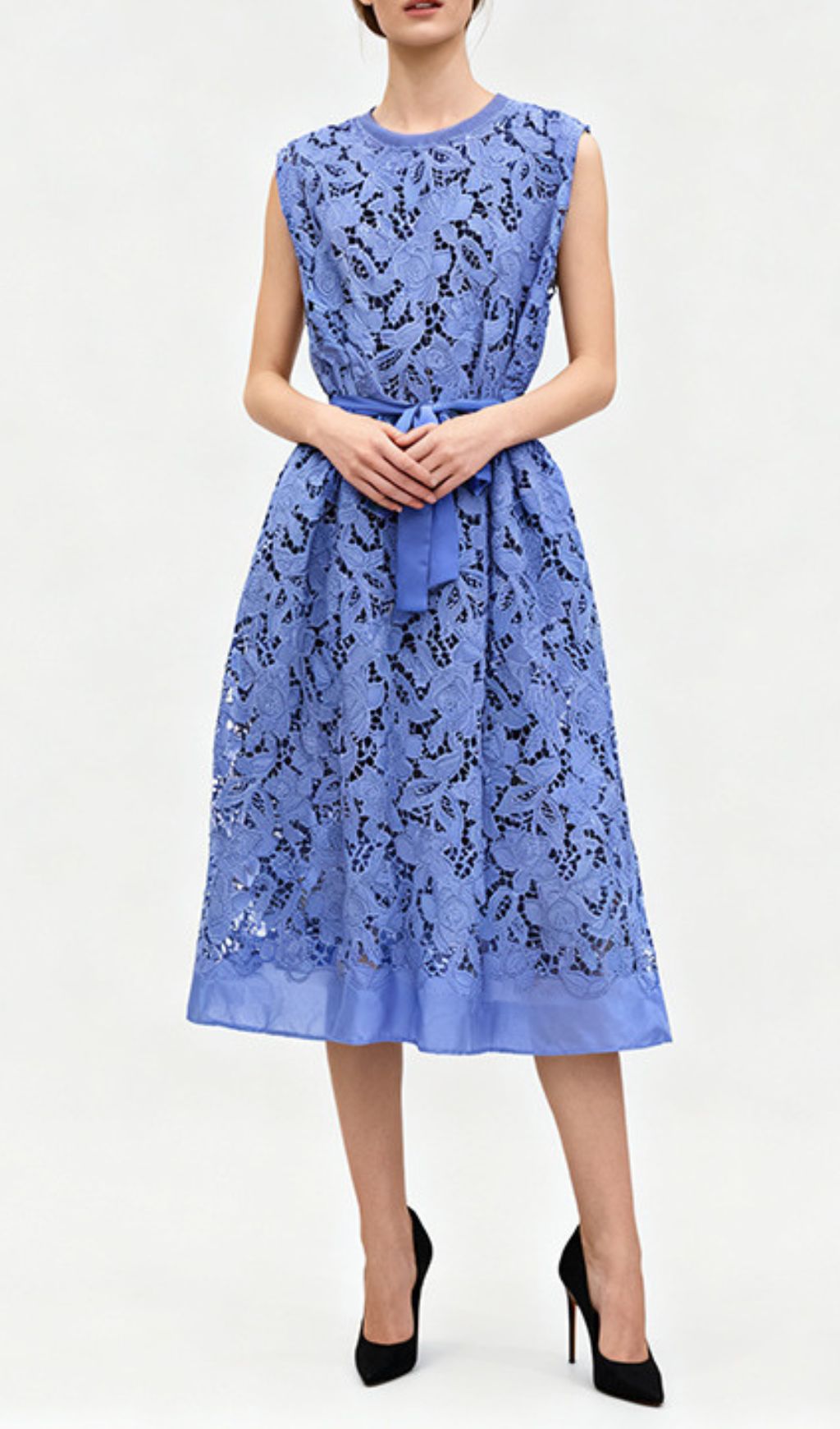 Illyria Blue Floral Lace Midi Dress with Belt - Sleeveless & Chic