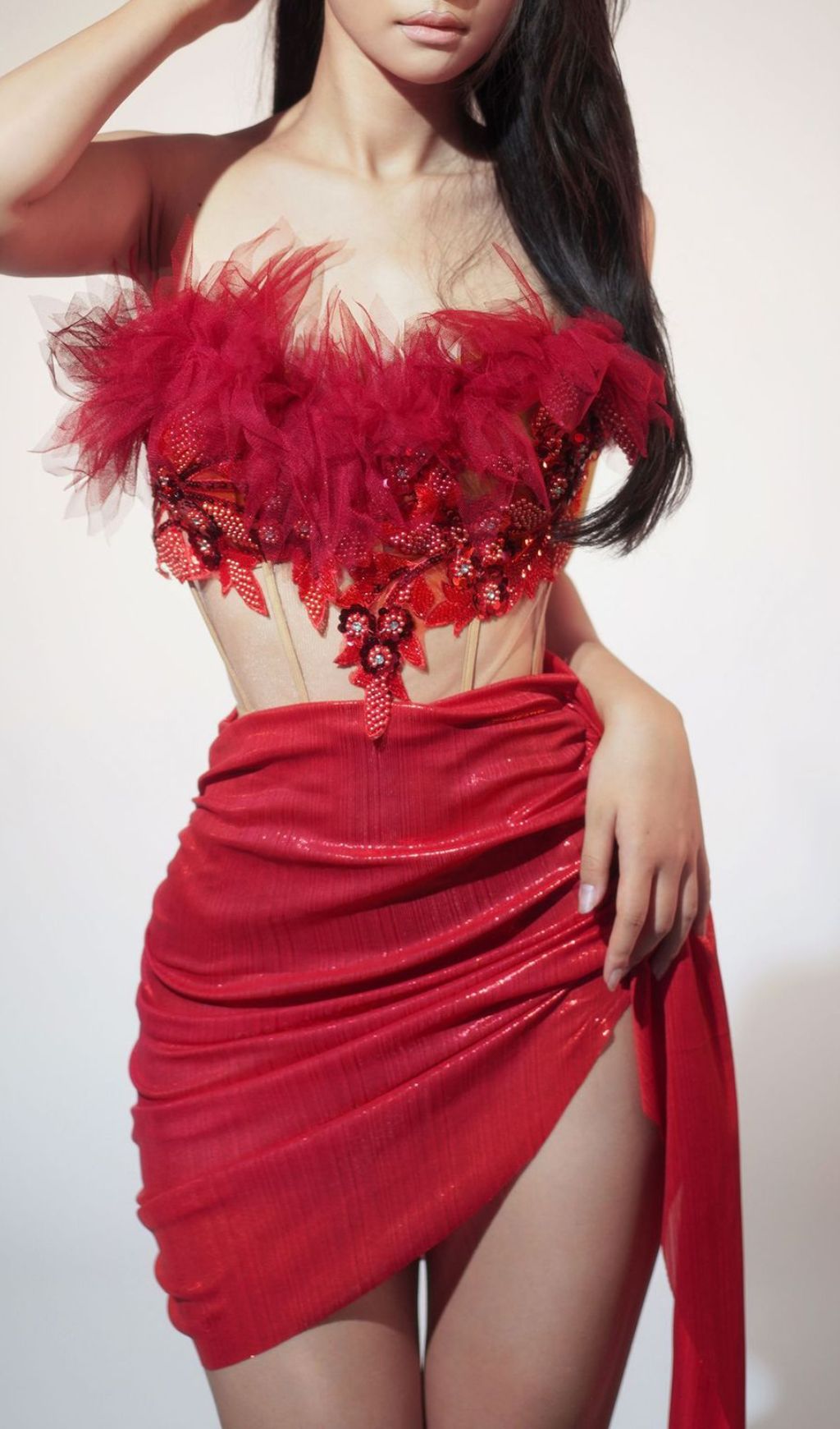 Izefia Red Beaded Corset Top & Skirt Set