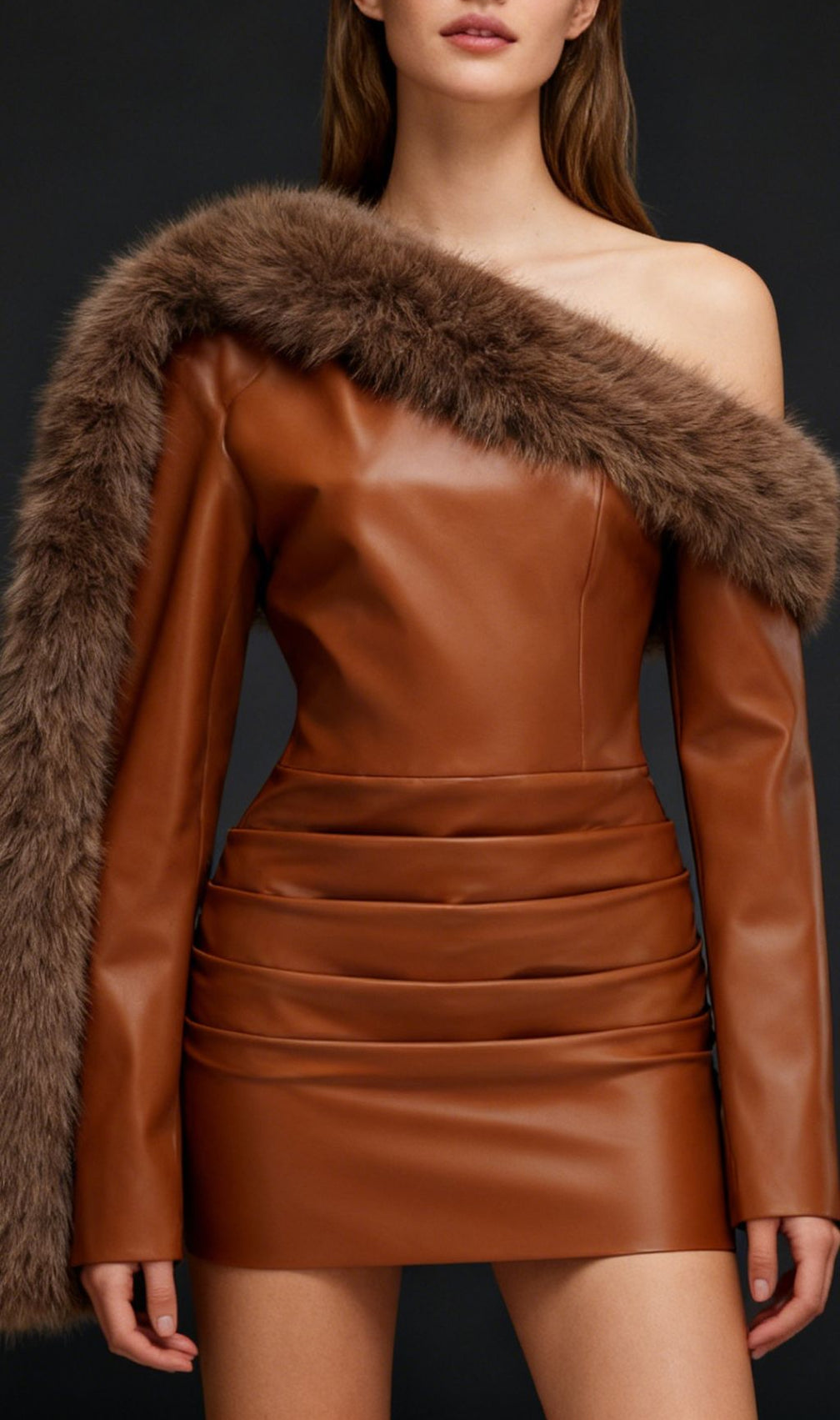 João Daring Faux Leather & Faux Fur Asymmetrical Mini Dress